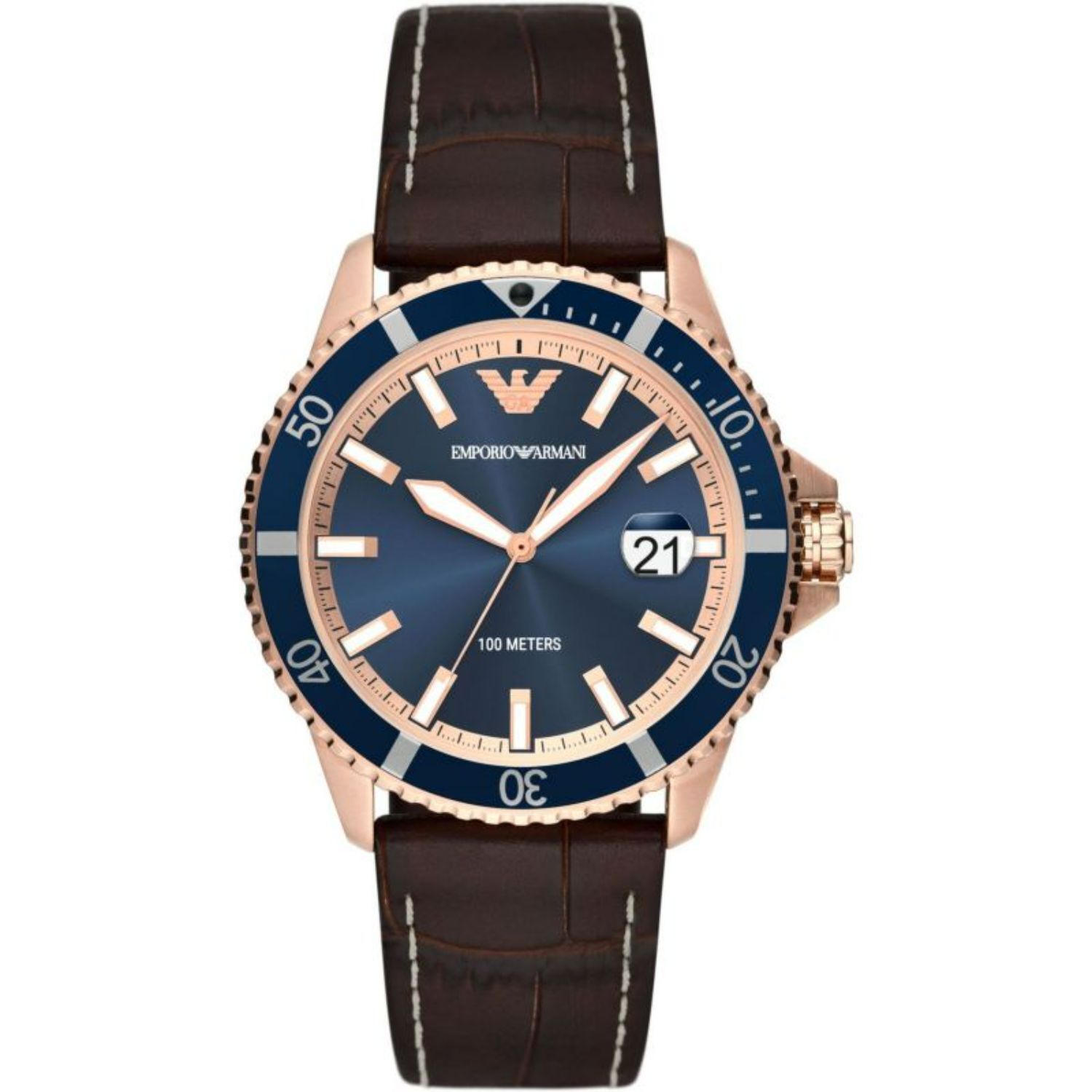 Emporio Armani Diver 42mm Blue Dial Brown Strap Watch