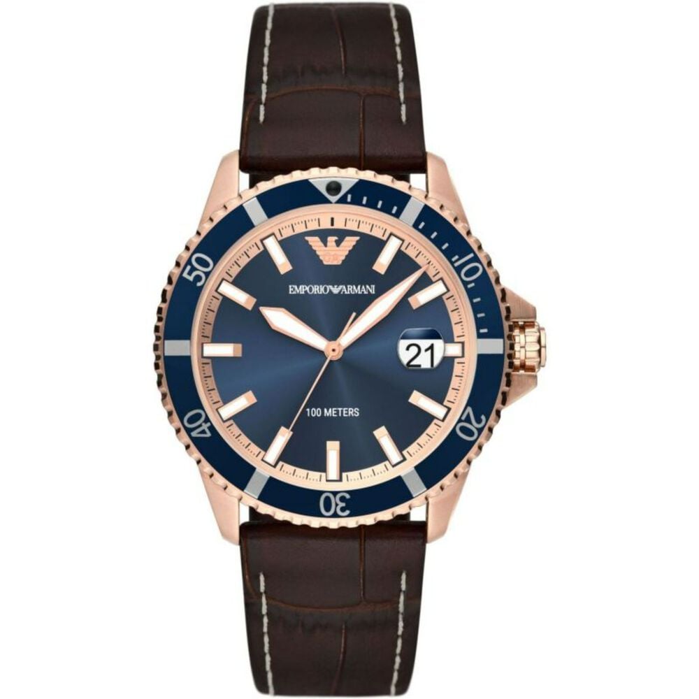 Emporio Armani Diver 42mm Blue Dial Rose Gold IP Case Brown Strap Watch image number 0