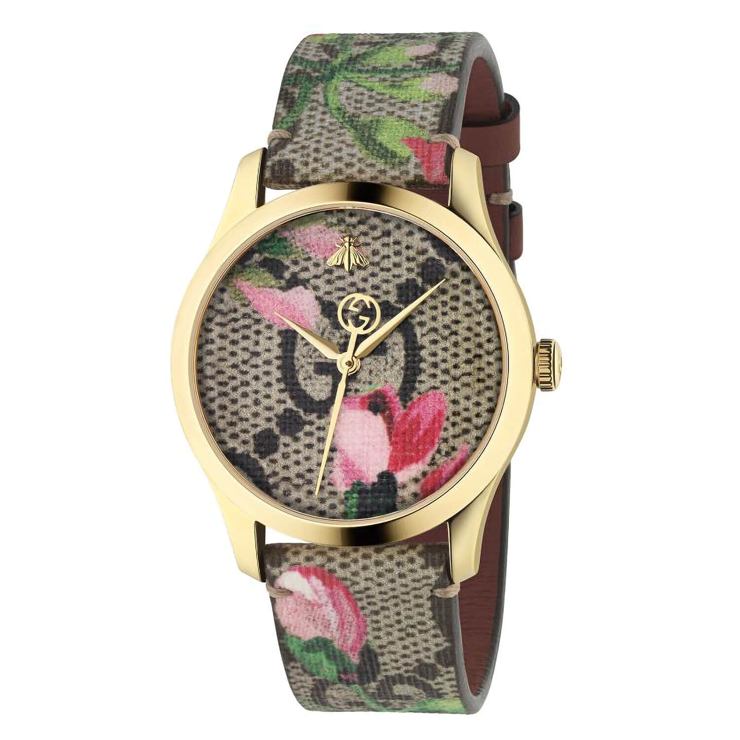 Gucci G Timeless Pink Blooms Dial Leather Strap Watch