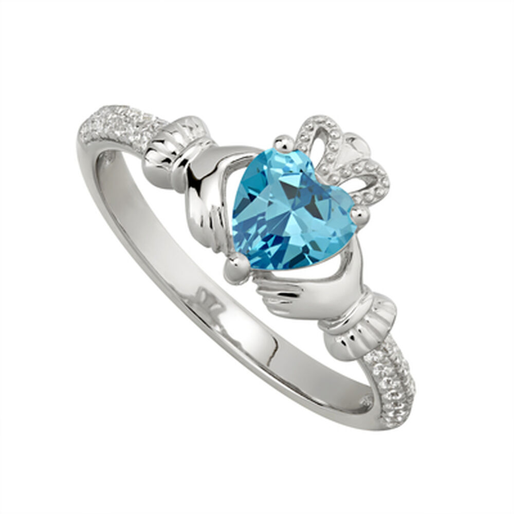 Sterling Silver Claddagh Birthstone March Cubic Zirconia Shoulder Set Ring