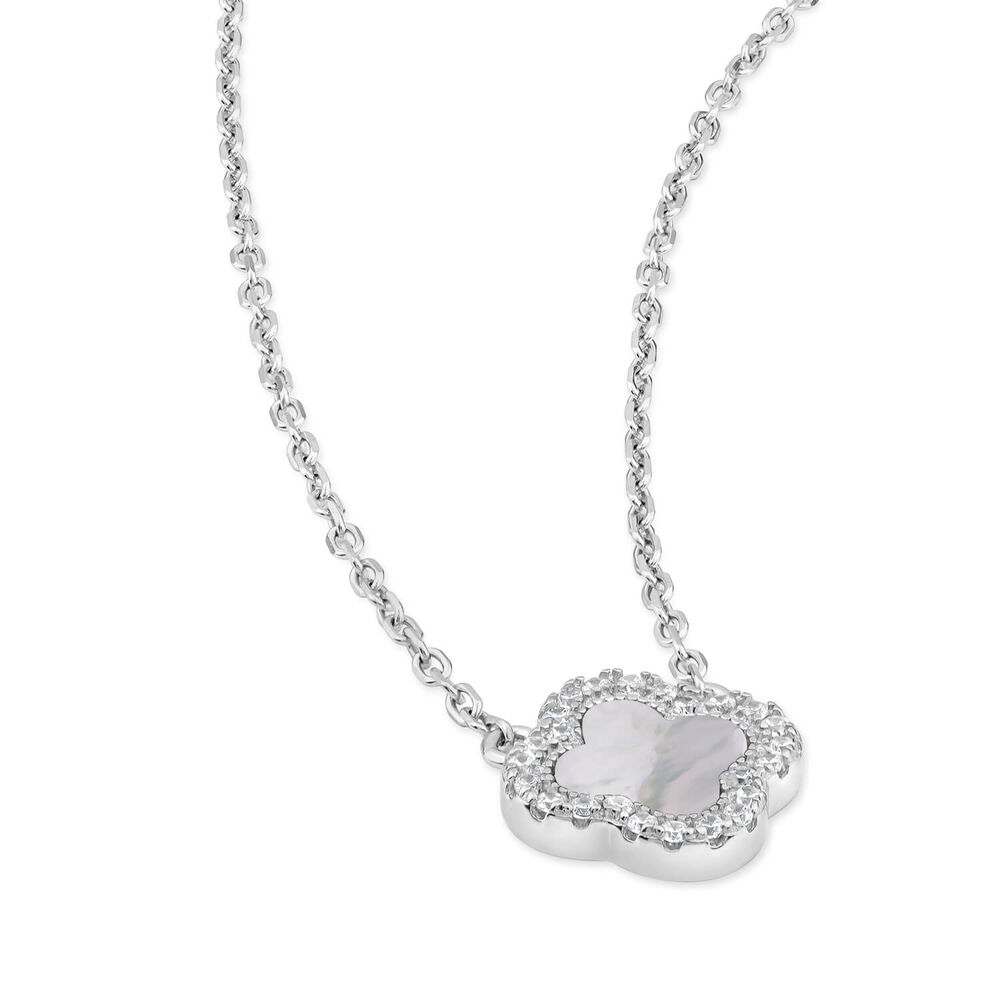 Sterling Silver Mother of Pearl & Cubic Zirconia Clover Petal Necklet image number 2