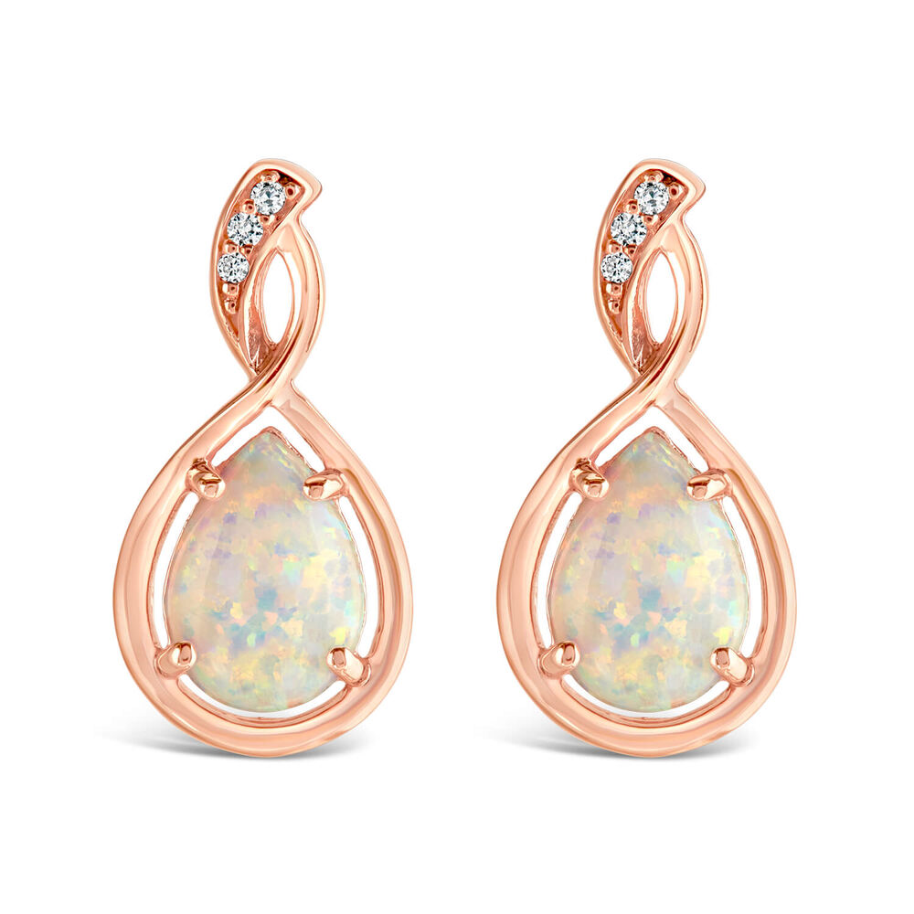 9ct Rose Gold Pear Opal Twist Diamond Top Stud Earrings image number 0