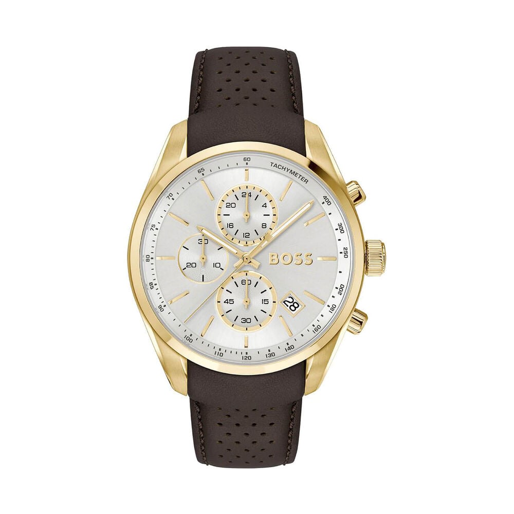 BOSS Grand Prix 44mm Silver Dial Gold Tone Case Brown Leather Strap Watch image number 0