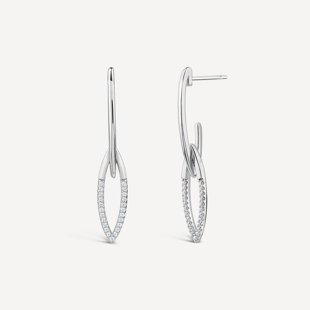 Sterling Silver Open Marquise Polished & Cubic Zirconia Pave Set Drop Earrings
