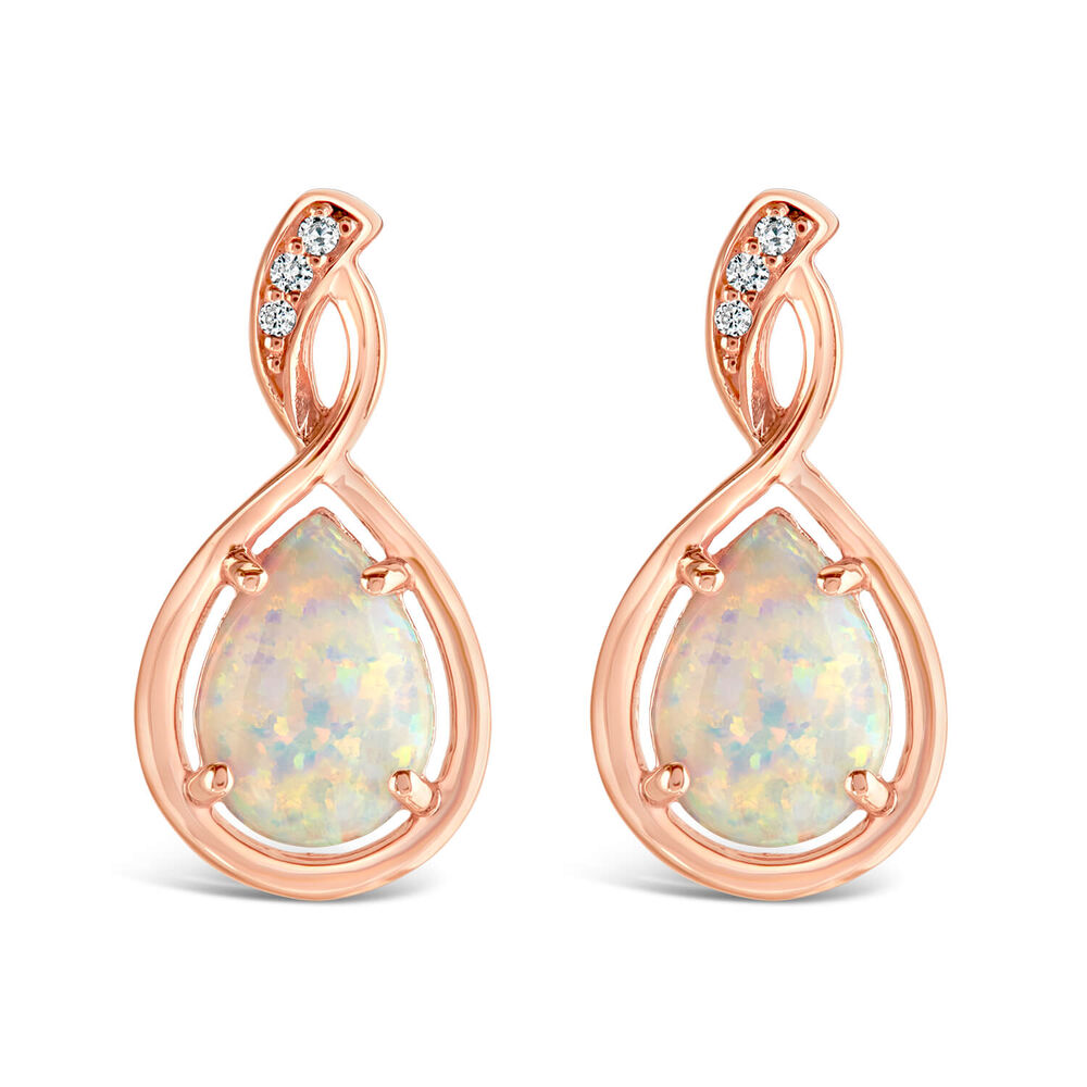 9ct Rose Gold Pear Opal Twist Diamond Top Stud Earrings