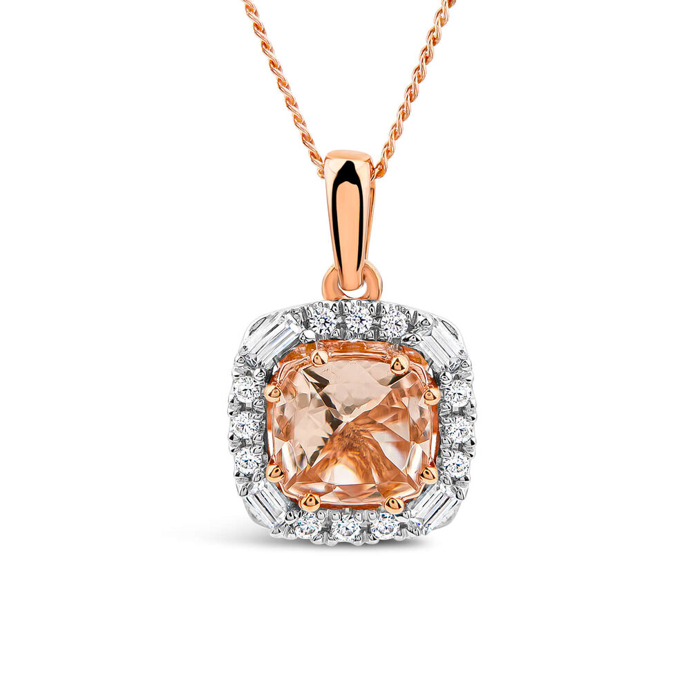 9ct Rose Gold Cushion Morganite & 0.25ct Baguette & Brilliant Diamond Surrounded Pendant