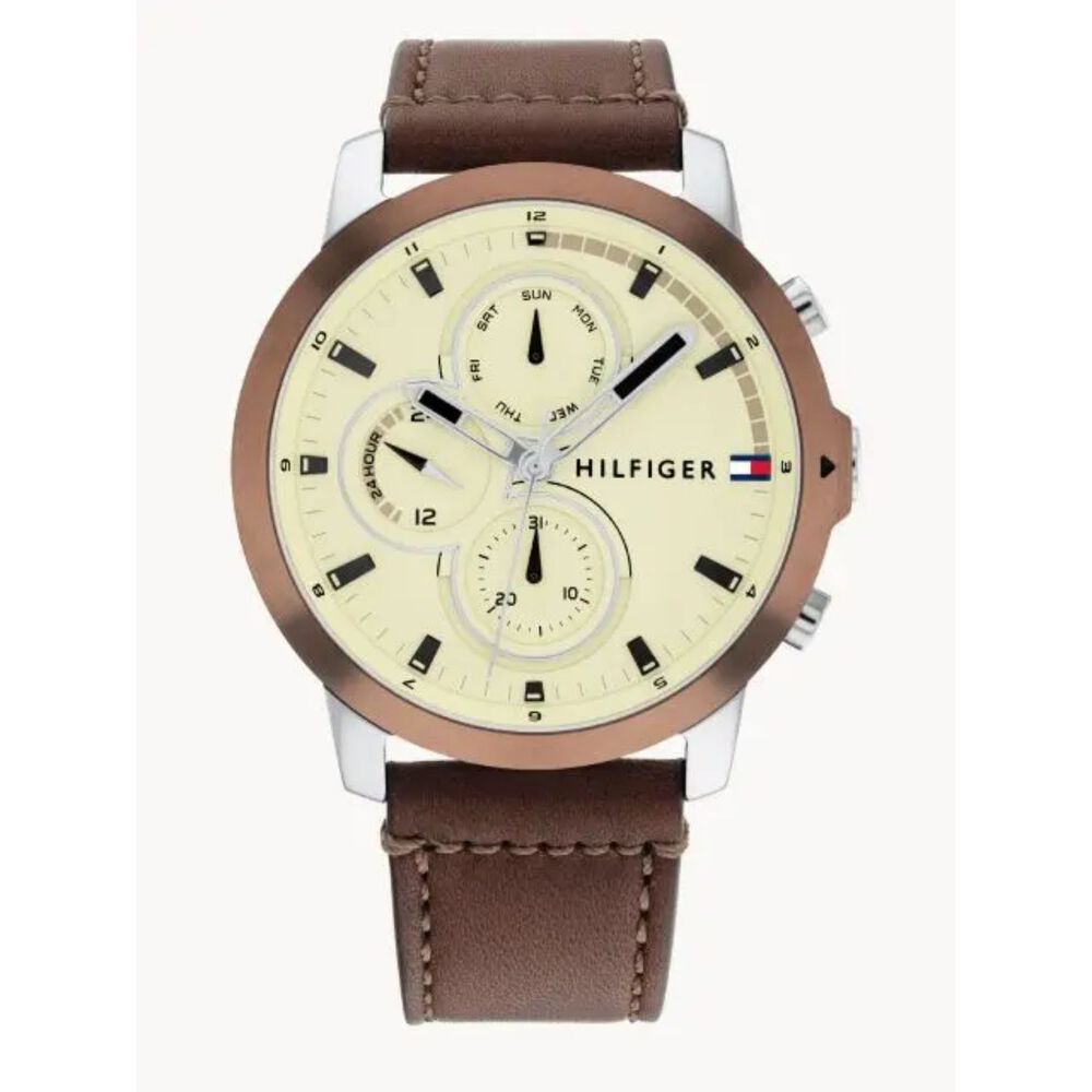 Tommy Hilfiger 46mm Cream Dial Brown Bezel Brown Leather Strap Watch image number 0