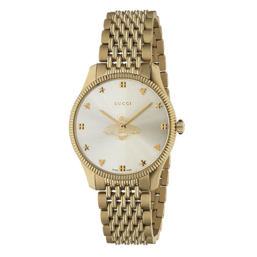 Gucci Timeless 36mm Silver Dial Bee Detail Yellow Gold PVD Case Bracelet Watch