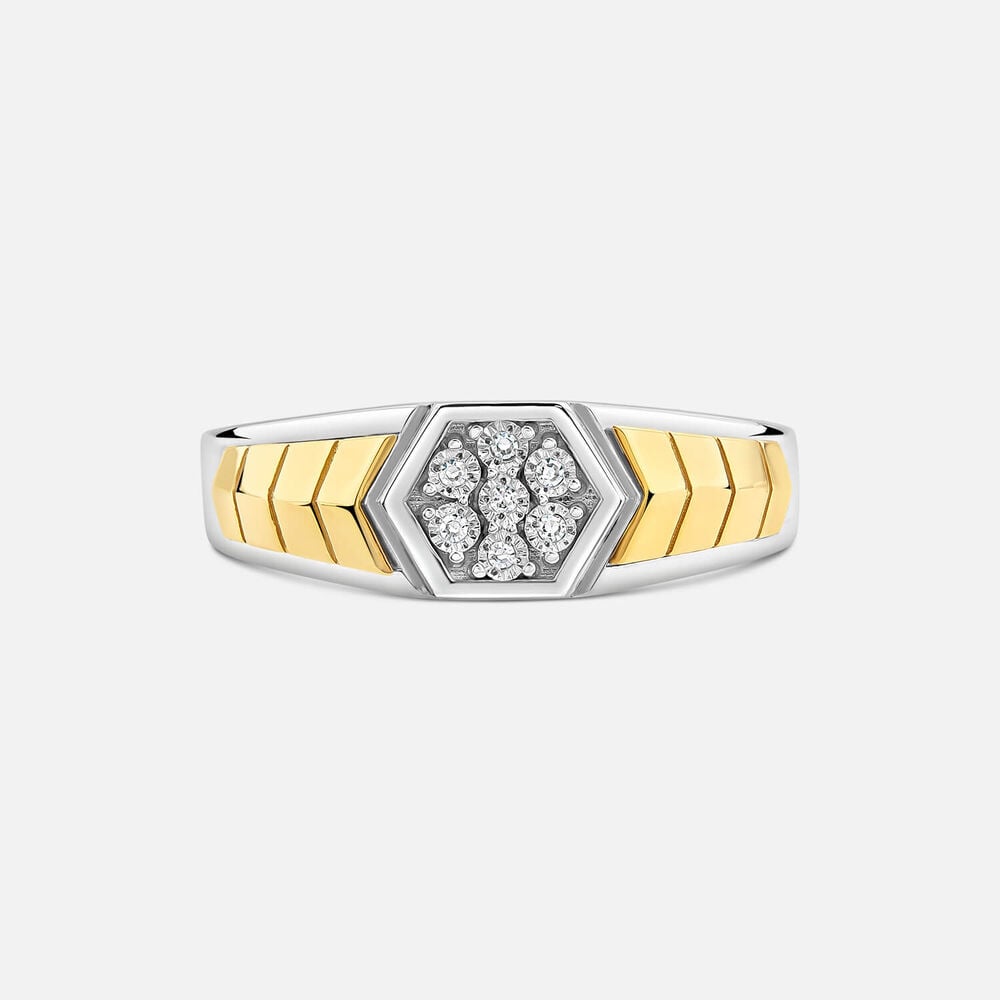 Sterling Silver & 9ct Yellow Gold 0.04ct Diamond Set Hex Centre Ring
