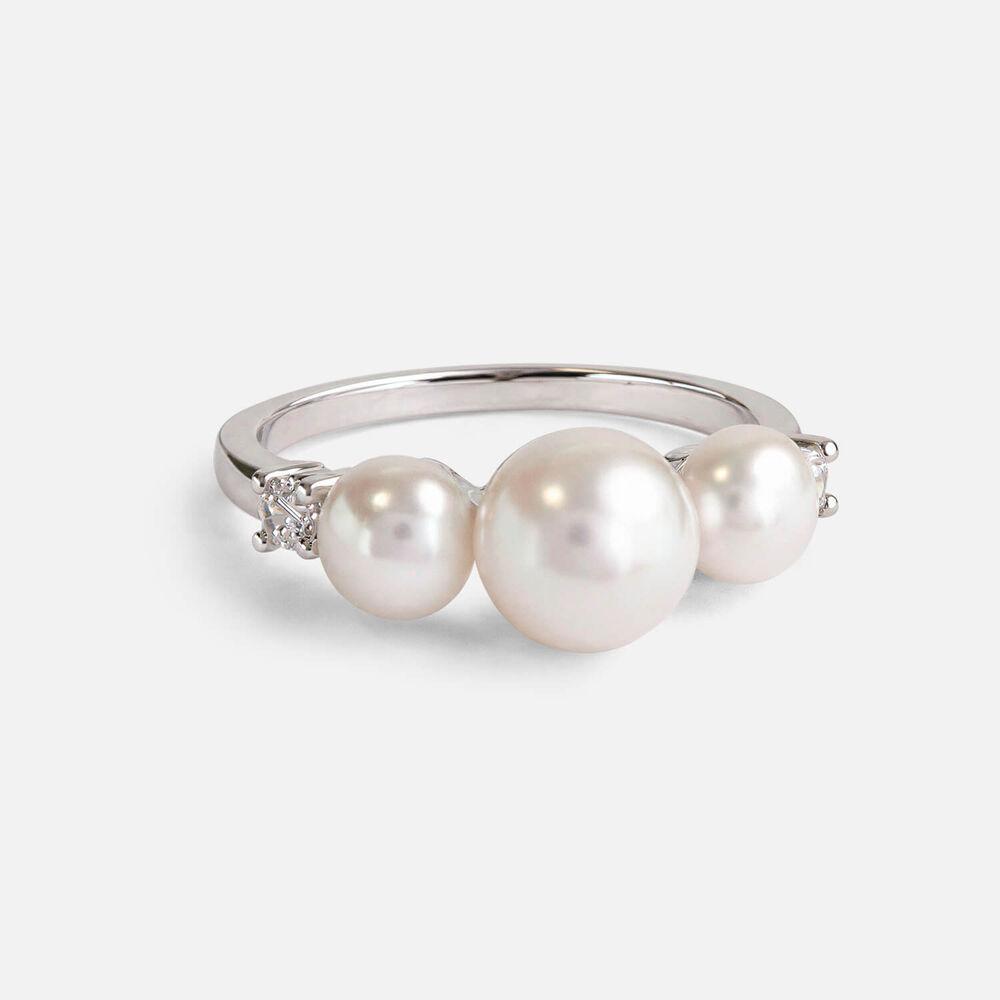 Sterling Silver 3 Freshwater Pearls Cubic Zirconia Sides Ring
