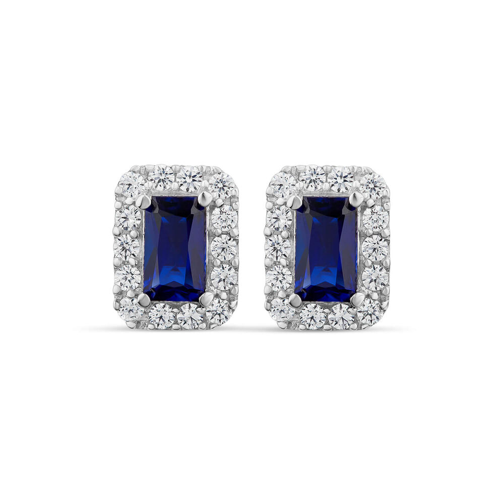 9ct White Gold Rectangular Created Sapphire & Cubic Zirconia Frame Stud Earrings image number 0