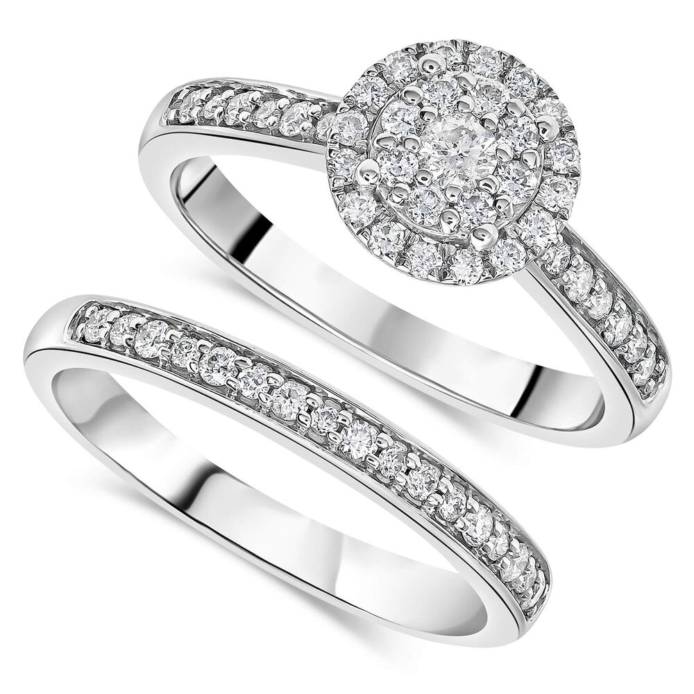 Ladies 9ct White Gold Diamond Cluster Halo Bridal Set .46ct