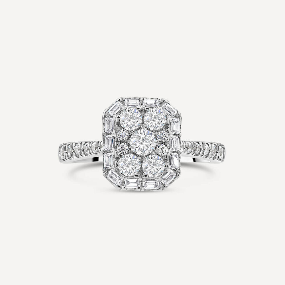 Platinum 0.75ct Rectangular Cluster Diamond Baguette Halo & Shoulders Engagement Ring image number 2