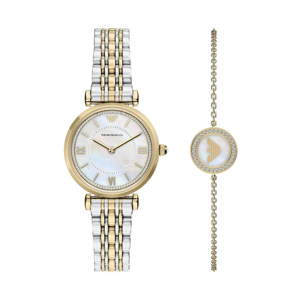 Emporio Armani 32mm MOP Dial Two Tone Steel Bracelet Watch & Gold Tone Bracelet Gift Set