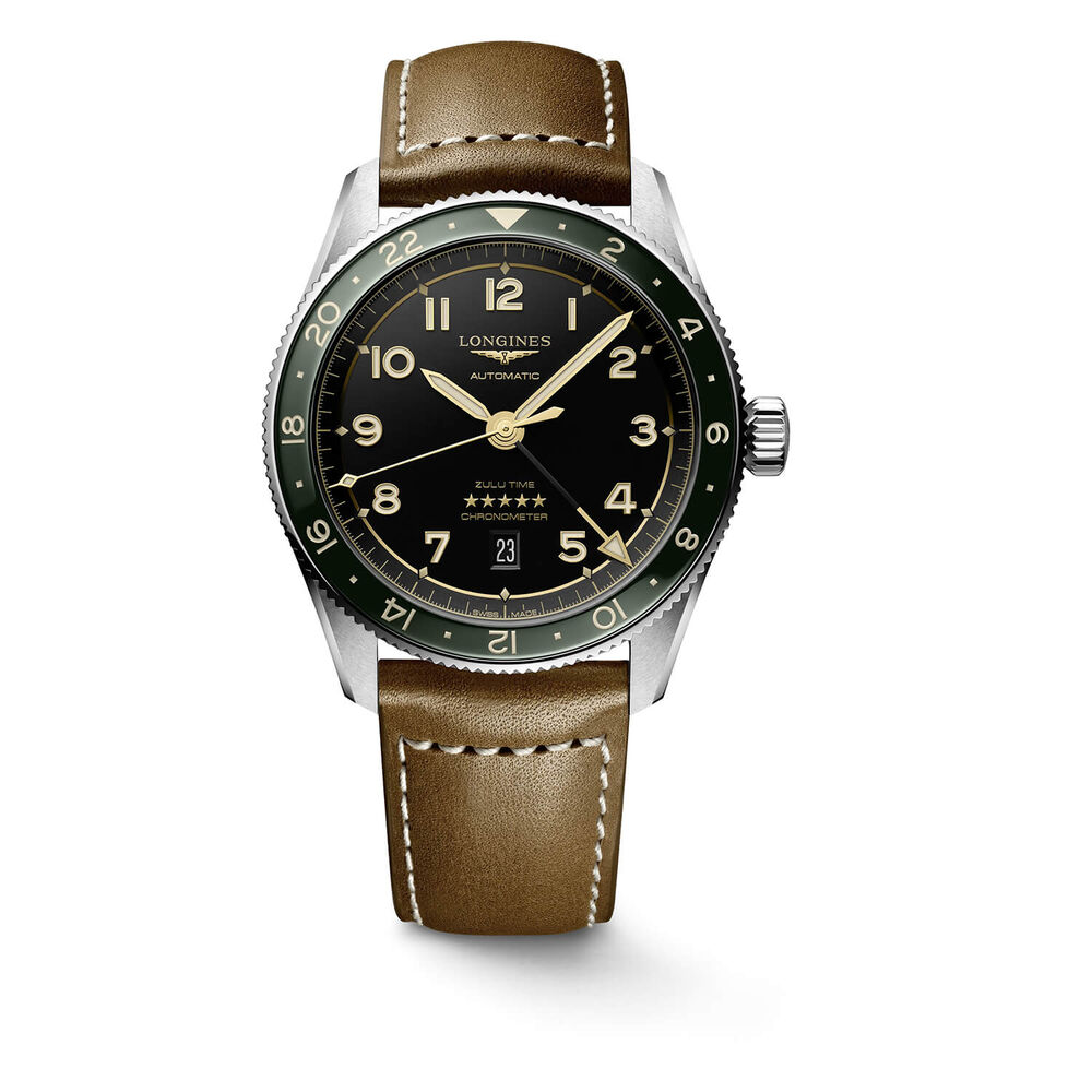 Longines Avigation Spirit Zulu 42mm Automatic Black Dial Green Bezel Steel Case Brown Leather Strap Watch