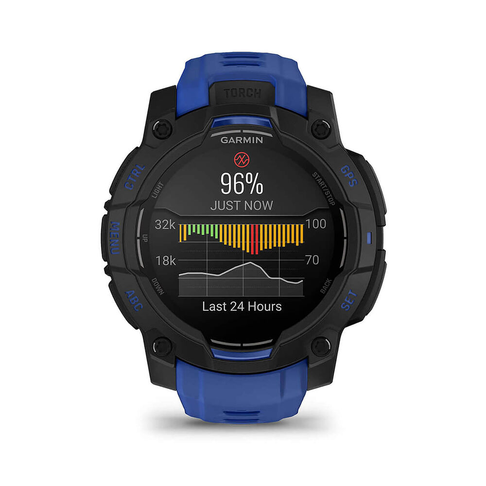Garmin Instinct 3 45mm AMOLED Black Bezel Bolt Blue & Black Silicone Strap Watch image number 2