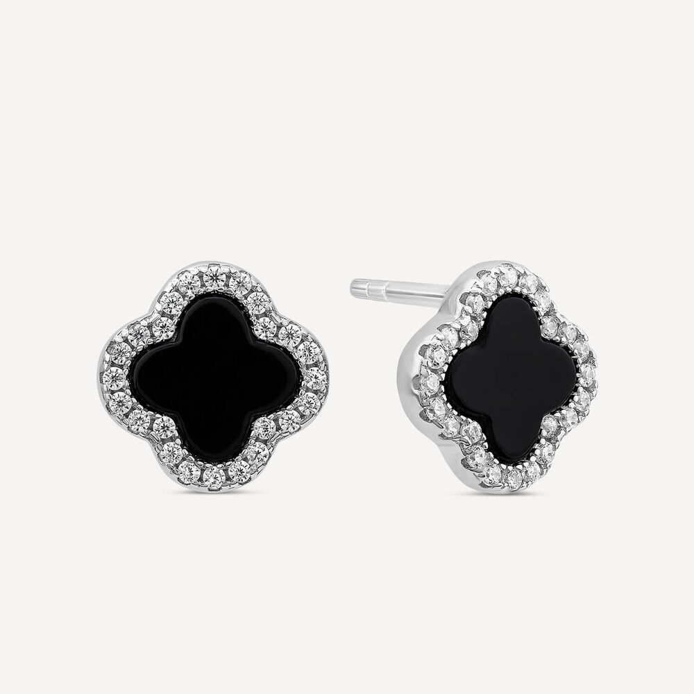 Sterling Silver Black Onyx & Cubic Zirconia Clover Petal Stud Earrings image number 1