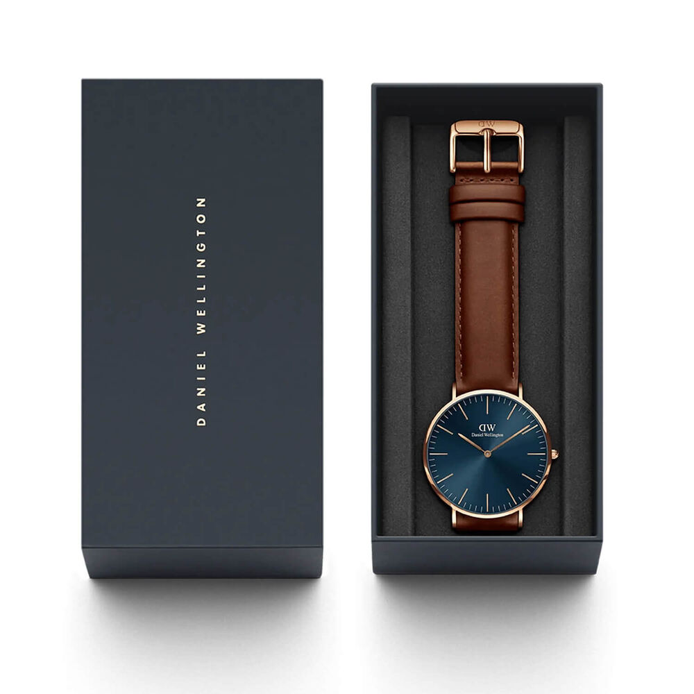 Daniel Wellington Classic St.Mawes 40mm Blue Dial Rose Gold Case Brown Strap Watch image number 4