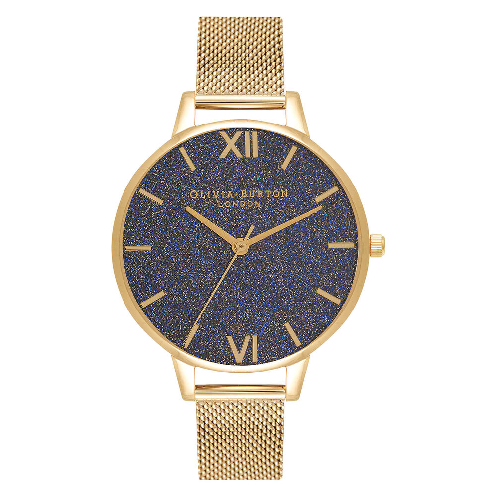 Olivia Burton Round Yellow Gold Case Black Dial Mesh Bracelet Watch