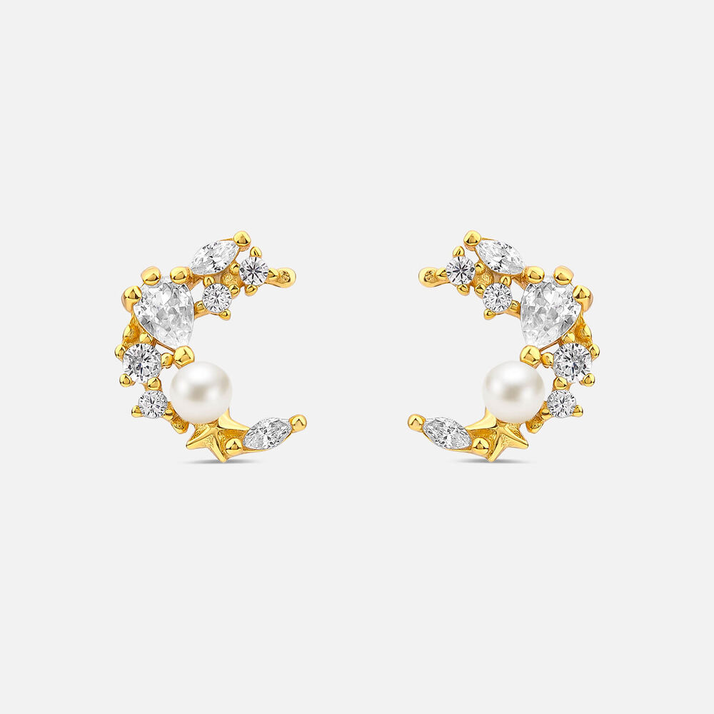 Yellow Gold Plated Vermeil Sterling Silver Cubic Zirconia & Pearl Half Moon Earrings