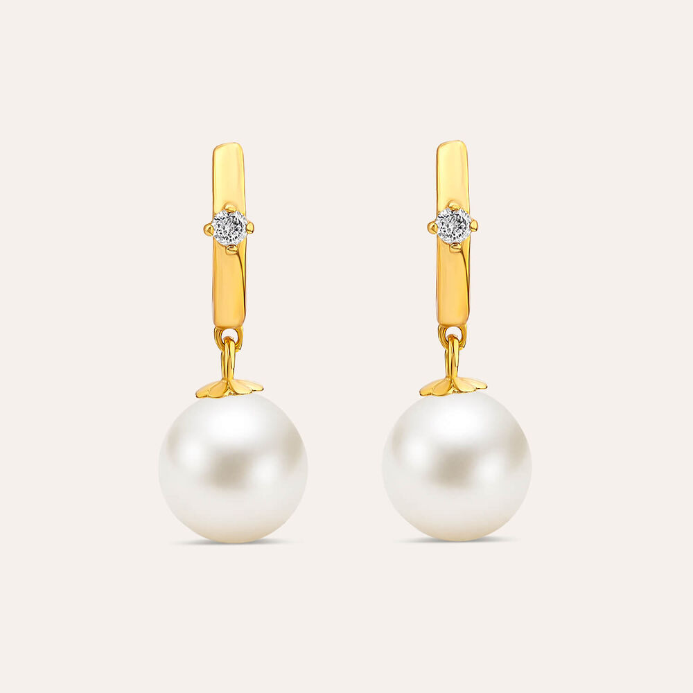 Yellow Gold Plated Sterling Silver Hoop Cubic Zirconia & Pearl Drop Earrings