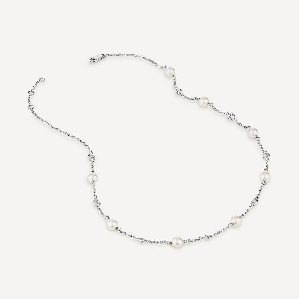 Sterling Silver Pearl and Rubover Cubic Zirconia Chain Necklet image number 2