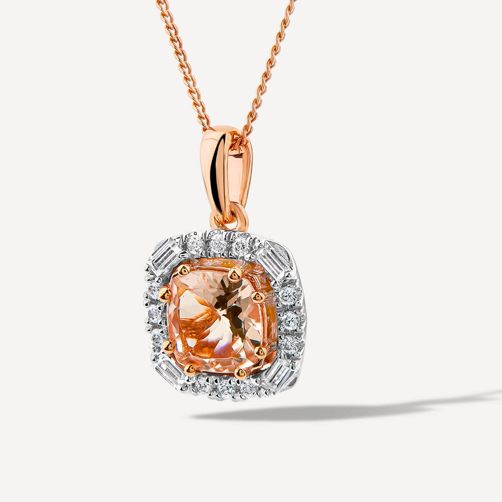 9ct Rose Gold Cushion Morganite & 0.25ct Baguette & Brilliant Diamond Surrounded Pendant