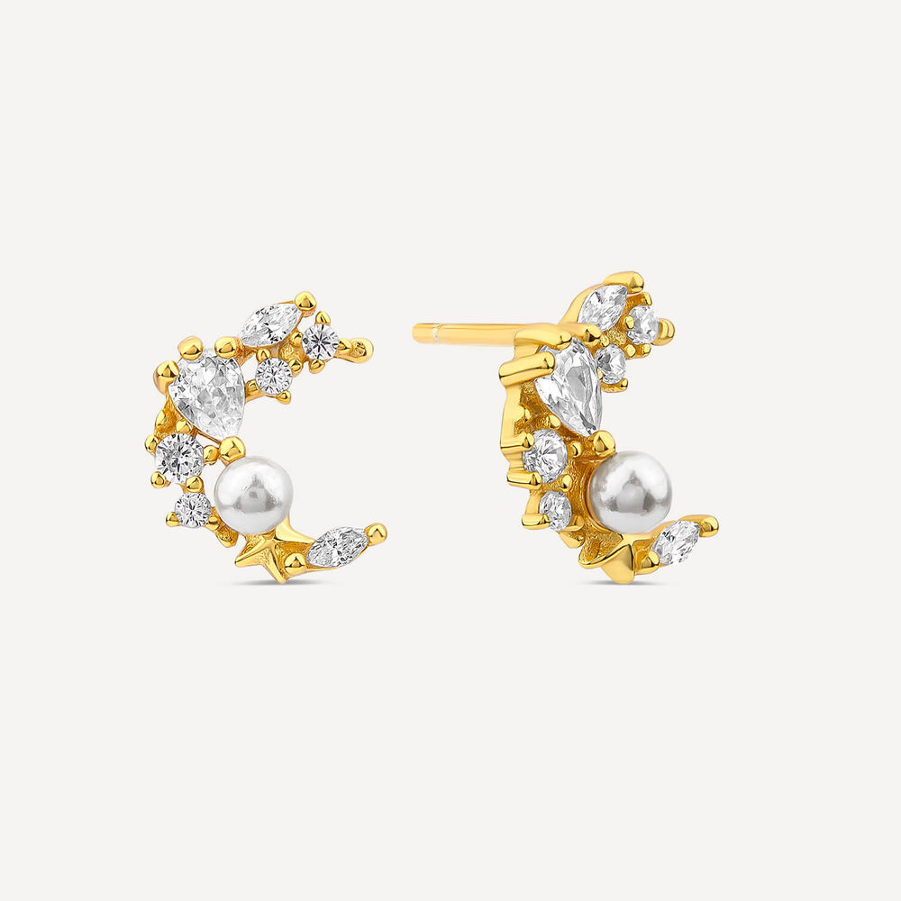 Yellow Gold Plated Sterling Silver Cubic Zirconia & Pearl Half Moon Earrings