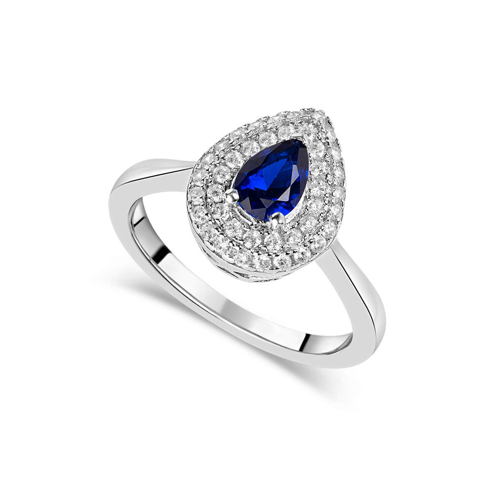 Silver blue and white cubic zirconia pear-shaped ring