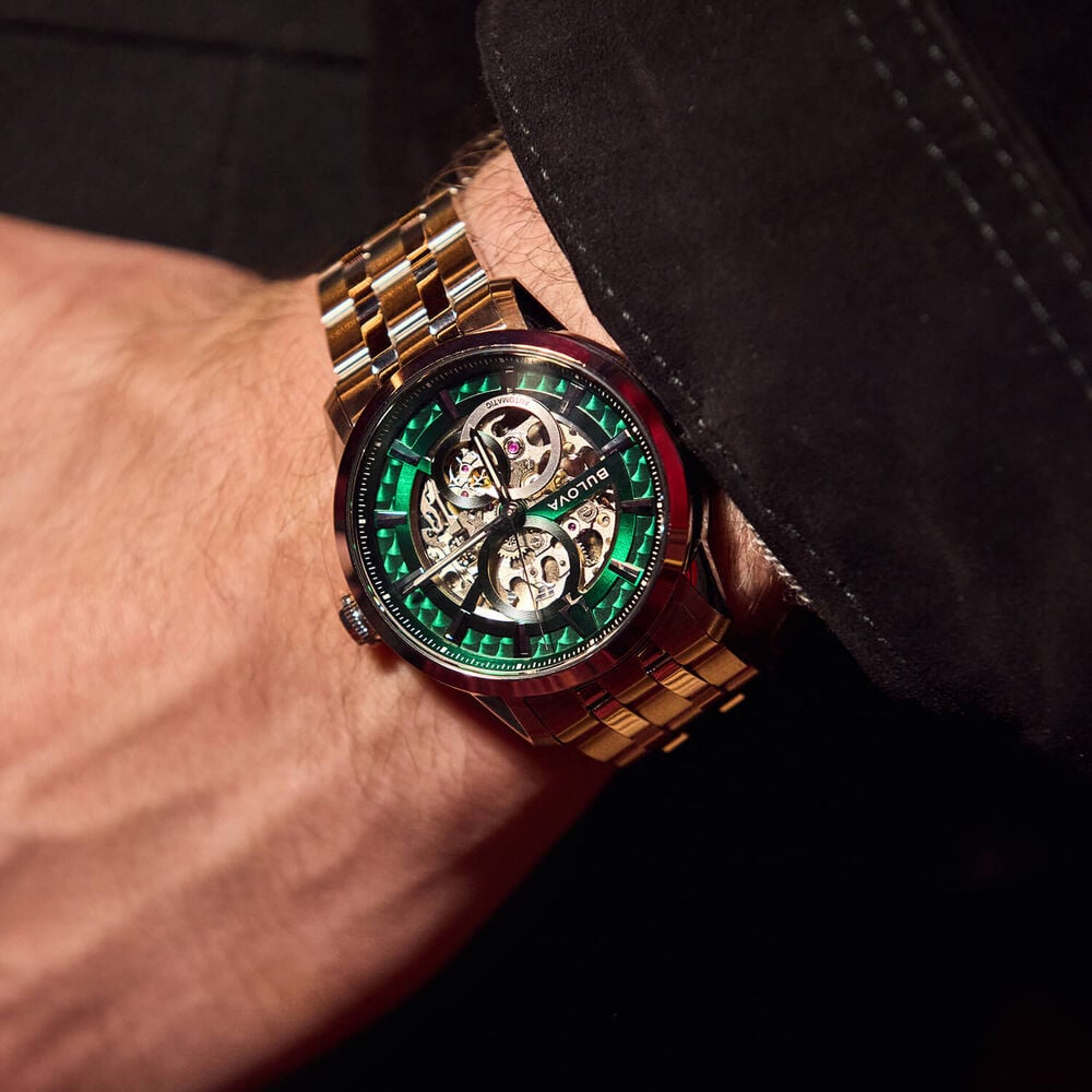 Bulova Sutton Automatic 43mm Green Skeleton Dial Steel Bracelet Watch
