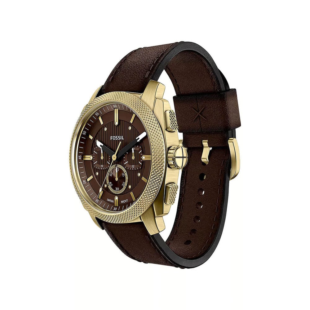 Fossil Machine 44mm Brown Dial Gold Tone Case Brown Leather Strap Watch