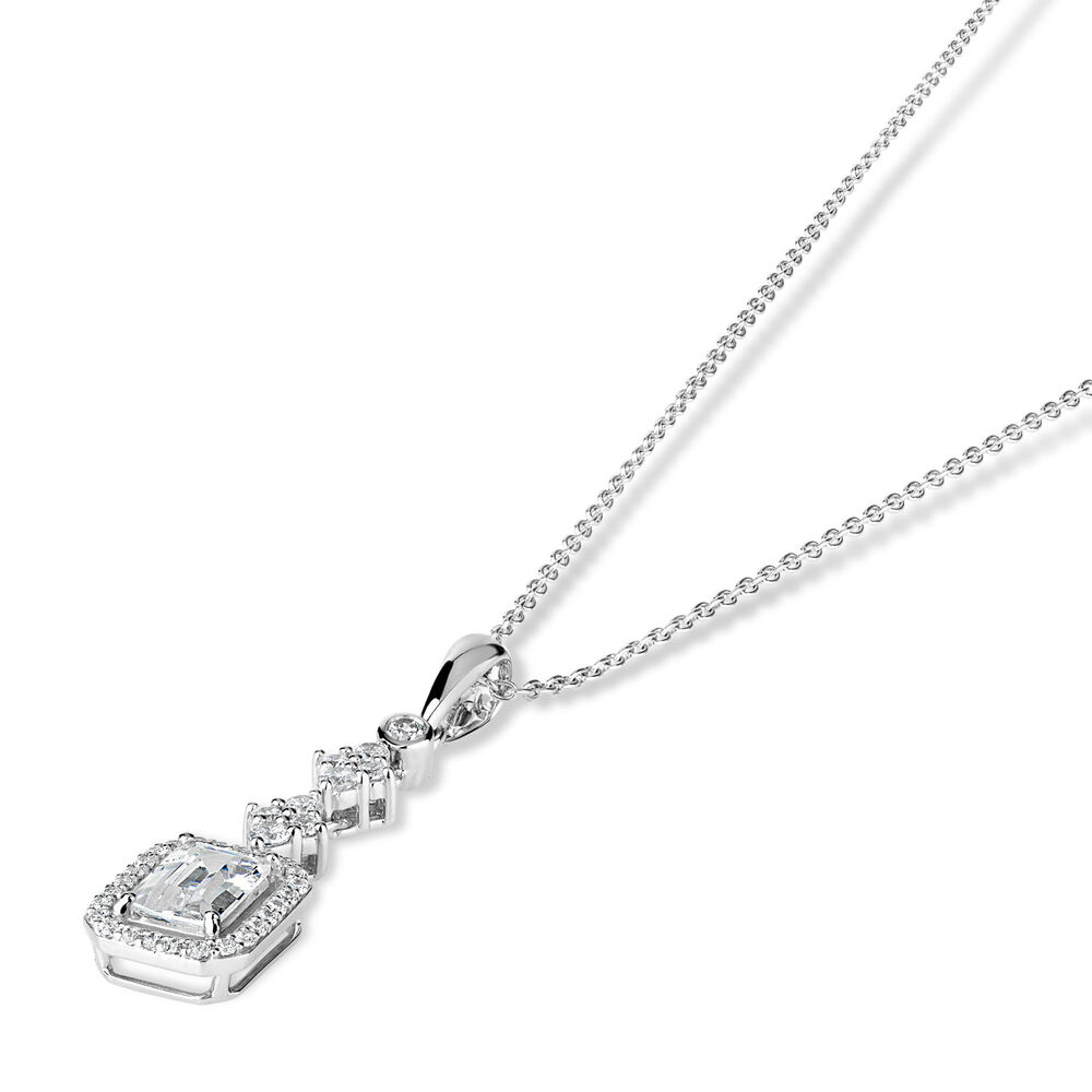 Sterling Silver Cubic Zirconia Rectangular Halo & Cluster Top Pendant (Chain Included)
