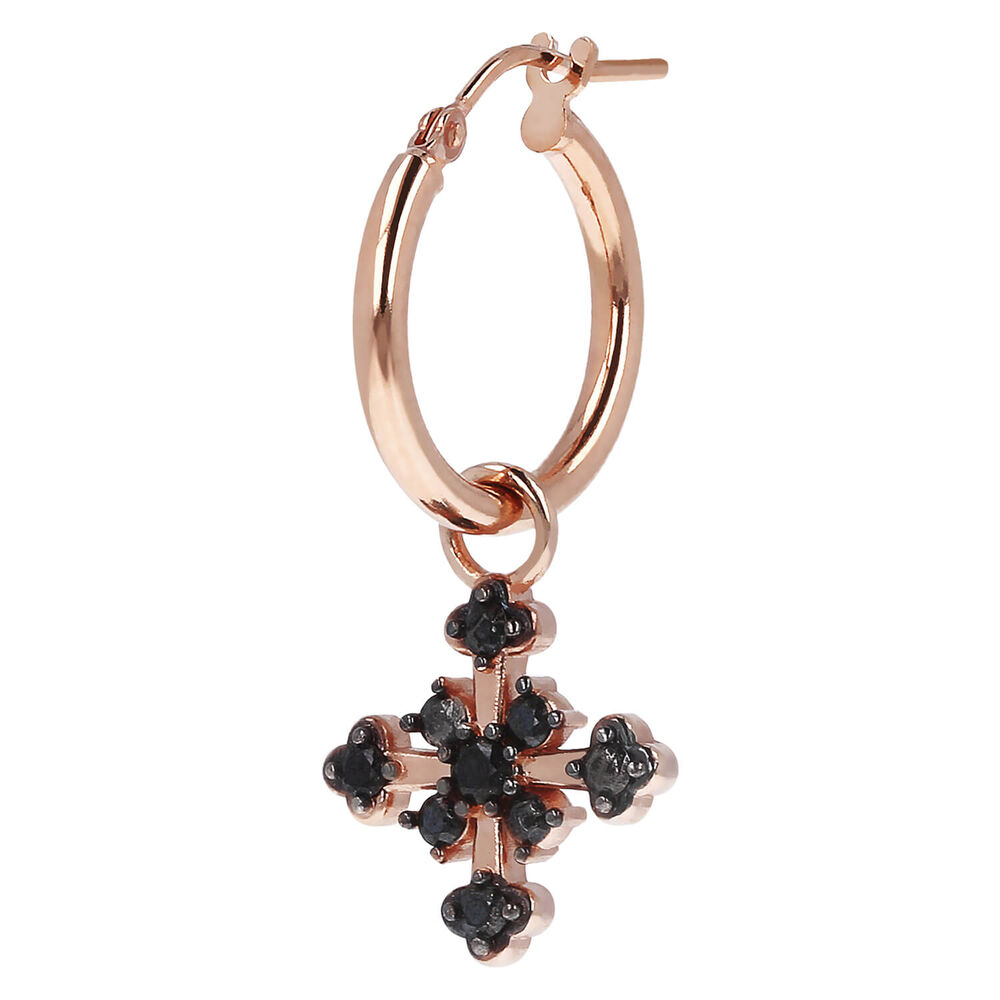 Bronzallure Altissima Collection Cross Black Spinel Single Hoop Ladies Earring