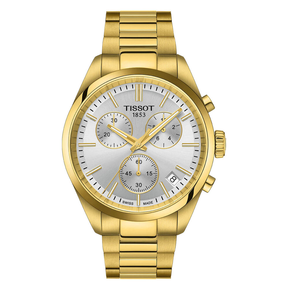 Tissot PR 100 Chronograph 40mm Silver Dial Yellow Gold PVD Steel Bracelet Watch image number 0