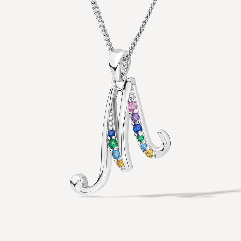 Sterling Silver Coloured Stone Set Initial "M" Pendant - Chain Included image number 1