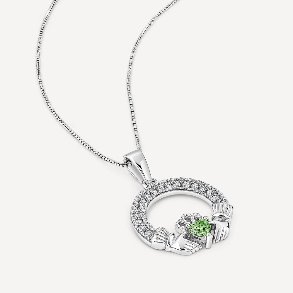 Sterling Silver May Birthstone Pave Cubic Zirconia Claddagh Pendant image number 3