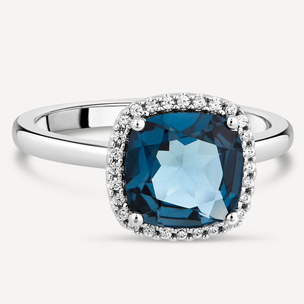 9ct White Gold Cushion London Blue Topaz Diamond Halo Ring