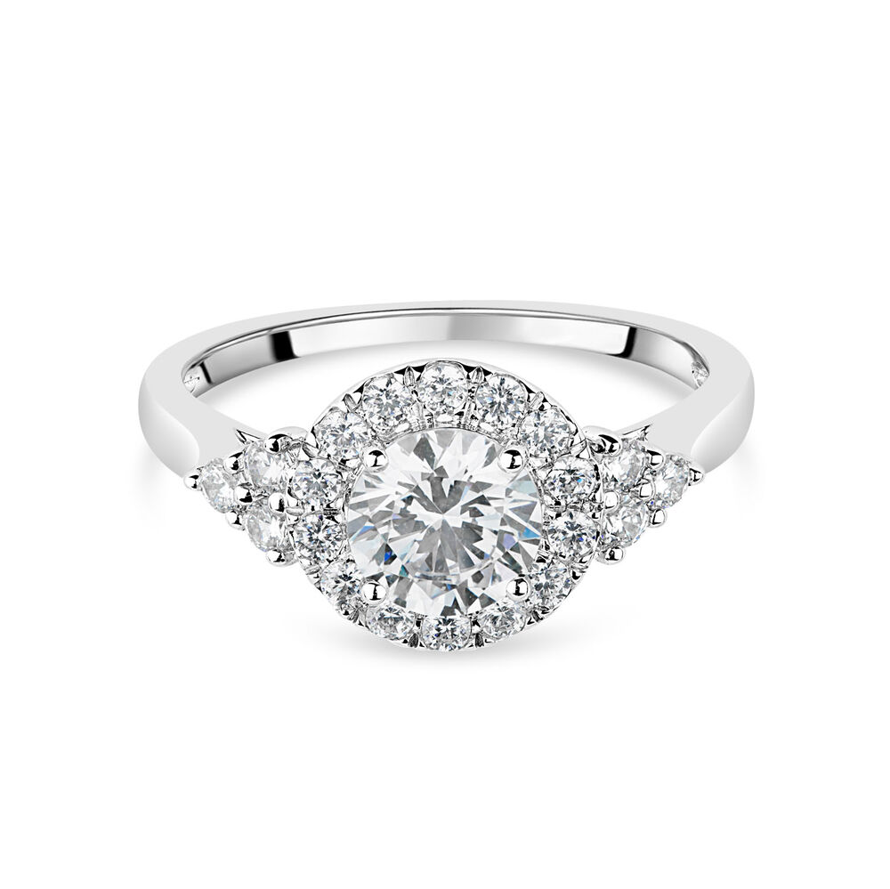 9ct White Gold Cubic Zirconia Halo Trefoil Shoulders Dress Ring image number 4