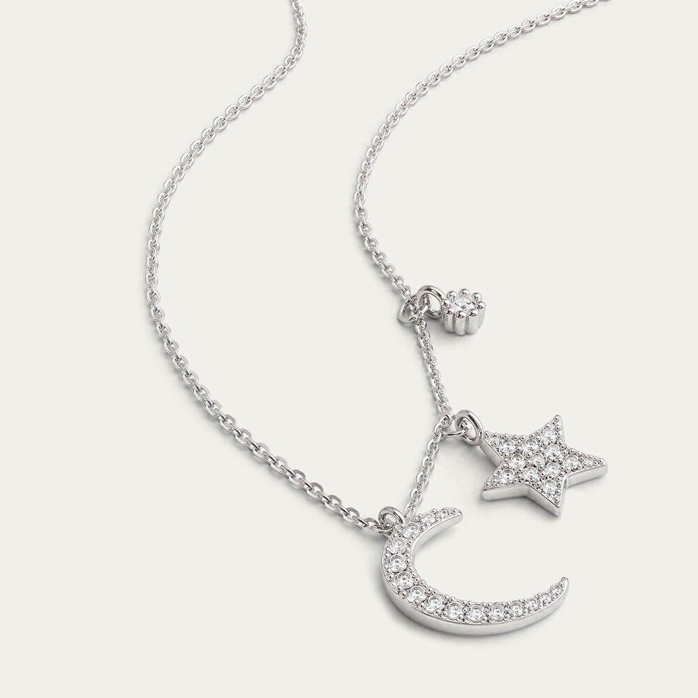 Sterling Silver Cubic Zirconia Set Moon & Star Charm Necklet
