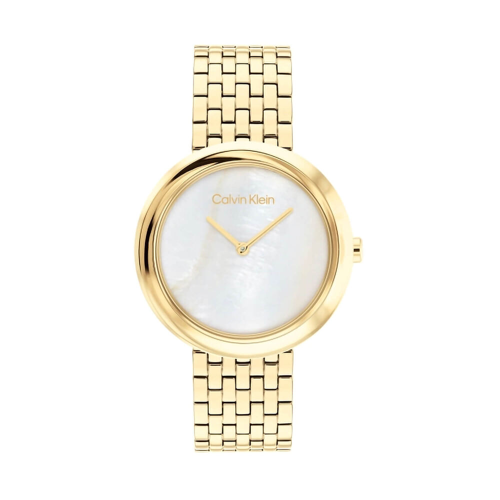 Calvin Klein Twisted Bezel 34mm MOP Dial Gold Tone Steel Bracelet Watch image number 0