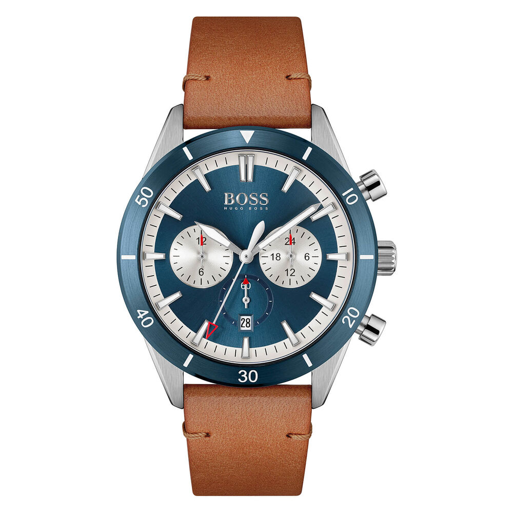 BOSS Santiago 44mm Blue Dial Blue Bezel Chronograph Steel Case Tan Strap Watch