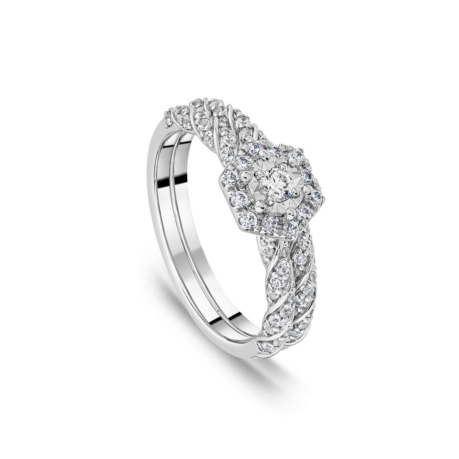 18ct White Gold 0.56ct Hexagon Cluster Twist Diamond Shoulders Bridal Set
