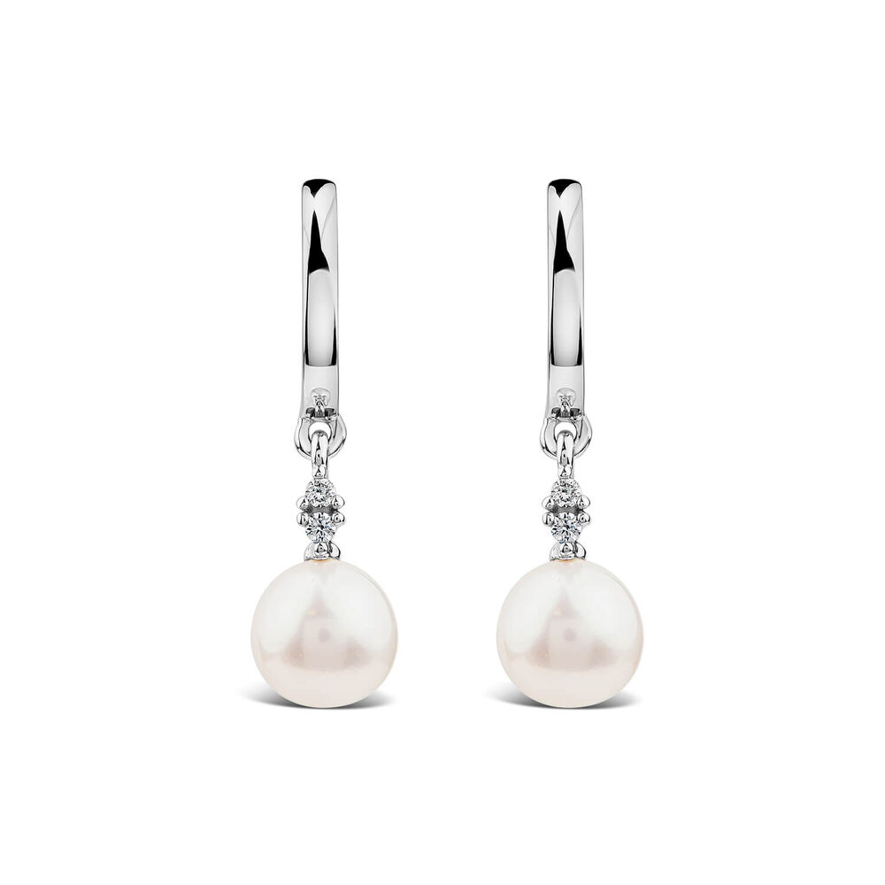 9ct White Gold Freshwater Round Pearl & 0.04ct Diamond Top Drop Earrings image number 0