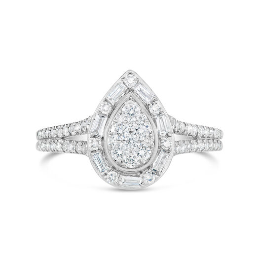 18ct White Gold 0.50ct Diamond Cluster Baguette Halo Ring