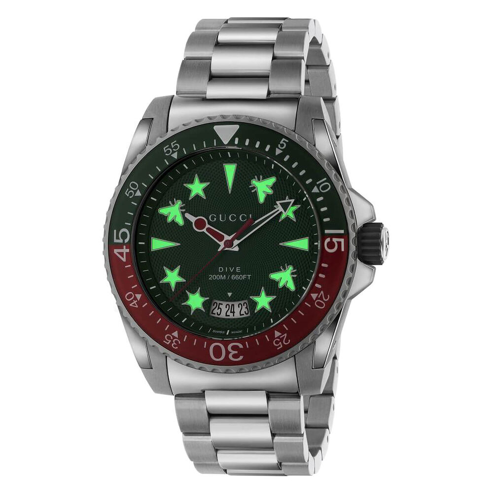 Gucci Dive 45mm Green Dial Multi Colour Steel Case Bracelet Watch image number 3