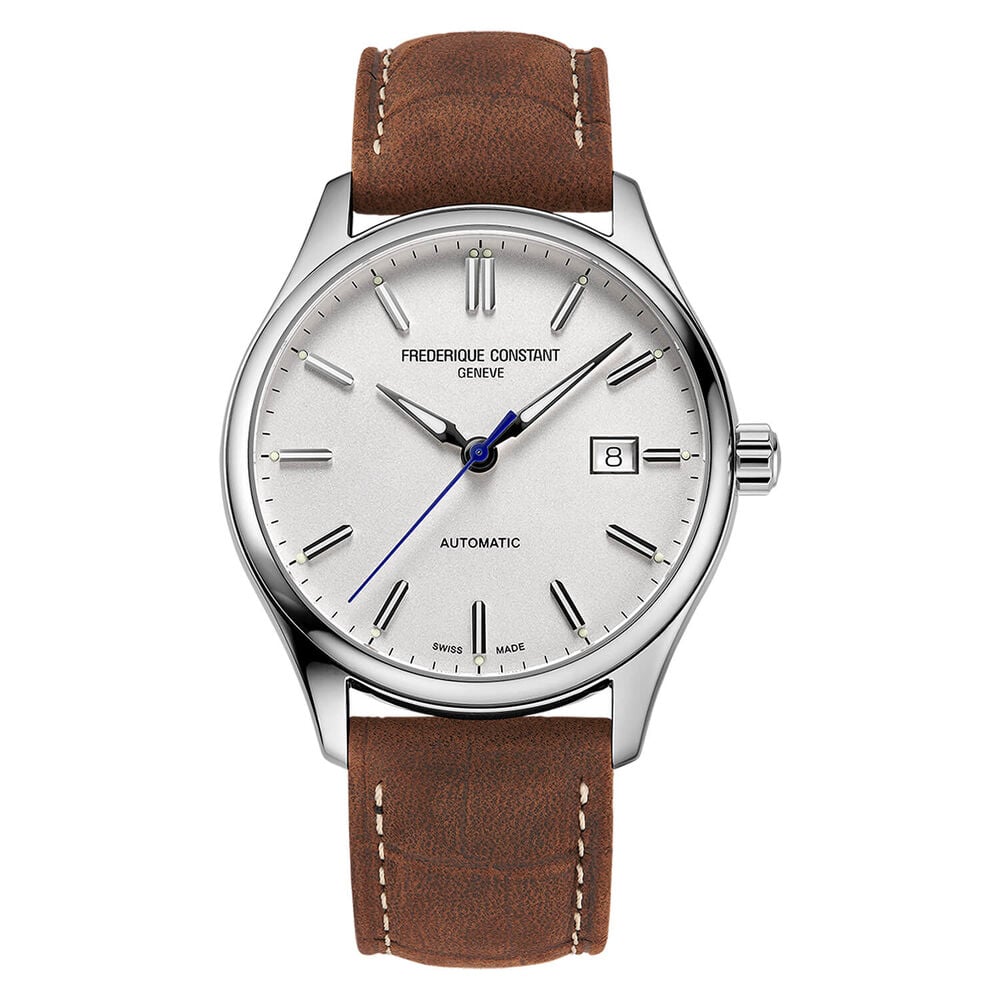 Frederique Constant Index Automatic Silver Dial Steel Case Brown Strap Watch
