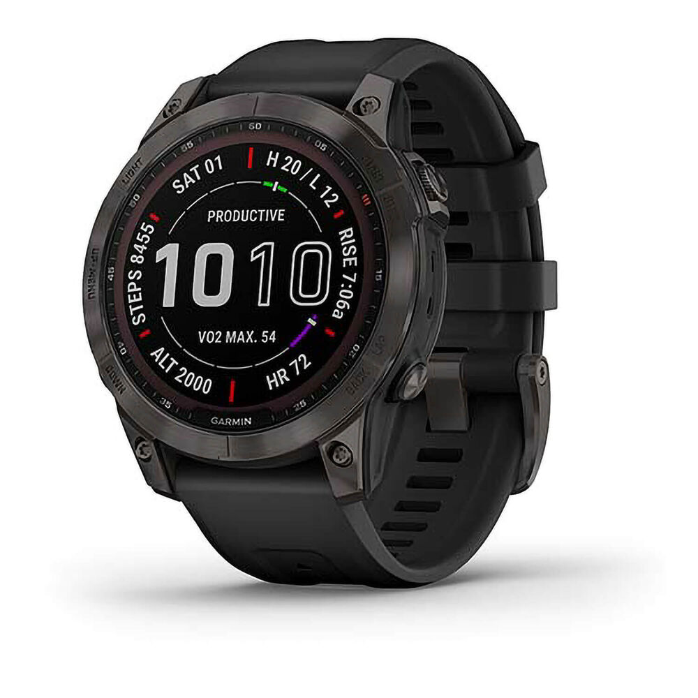 Garmin Fenix 7 Sapphire Solar Carbon Grey DLC Titanium Black Silicone Strap Watch image number 0