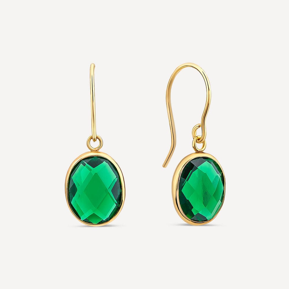 9ct Yellow Gold Green Oval Cubic Zirconia Hook Earrings