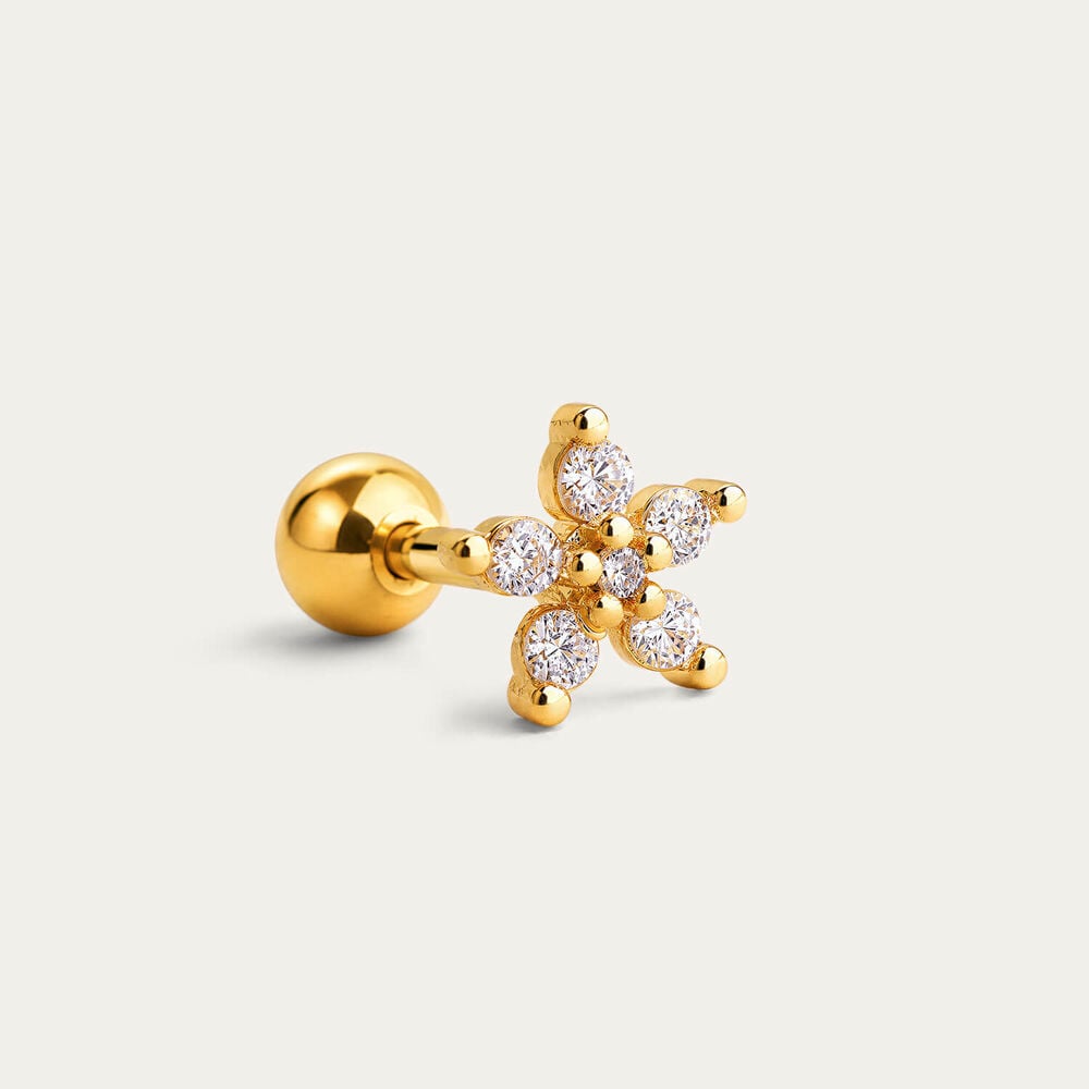 Yellow Gold Plated Sterling Silver Cubic Zirconia Flower Single Stud Earring
