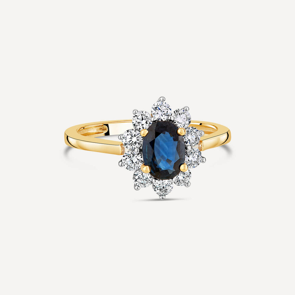 18ct Yellow Gold Sapphire with 0.59 Carat Diamond Cluster Ring image number 2